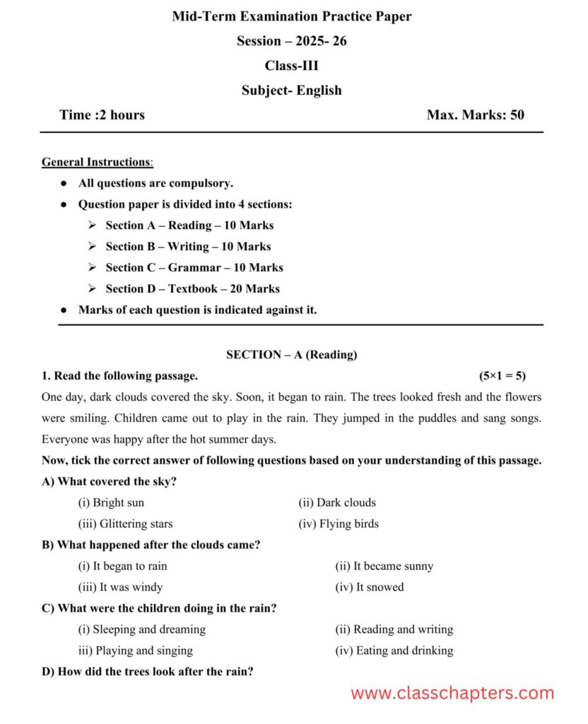 Class 3 English mid term exam