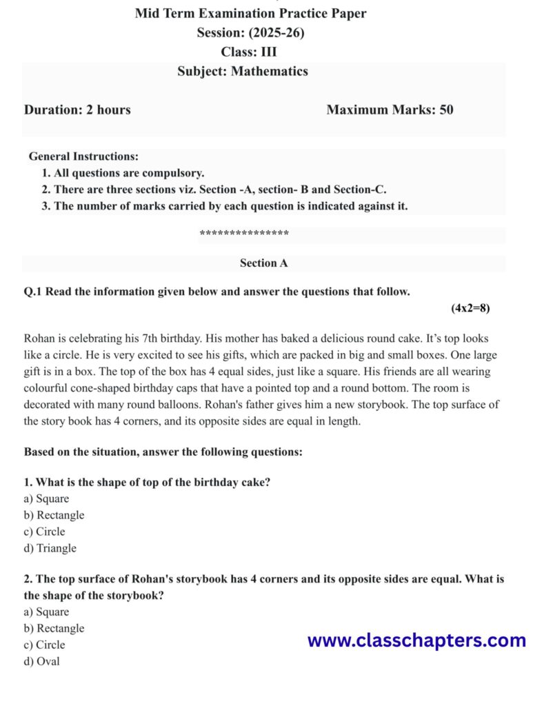 Class 3 Maths Mid Term Exam