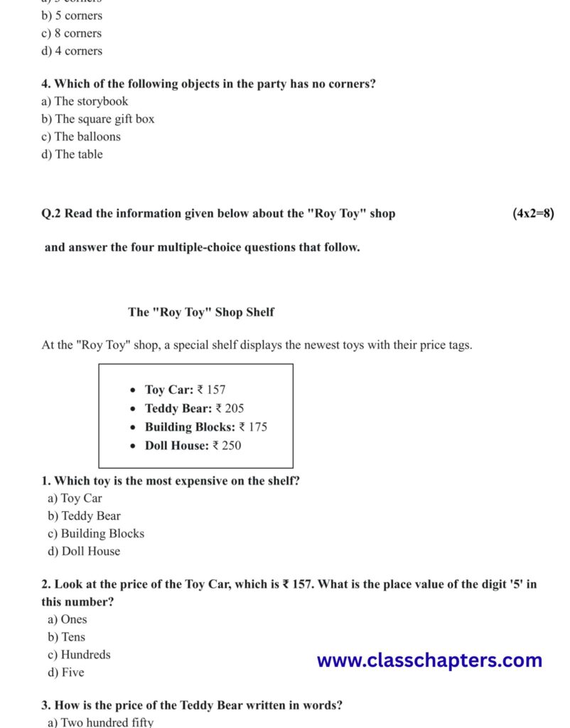 Class 3 Maths Mid Term Exam