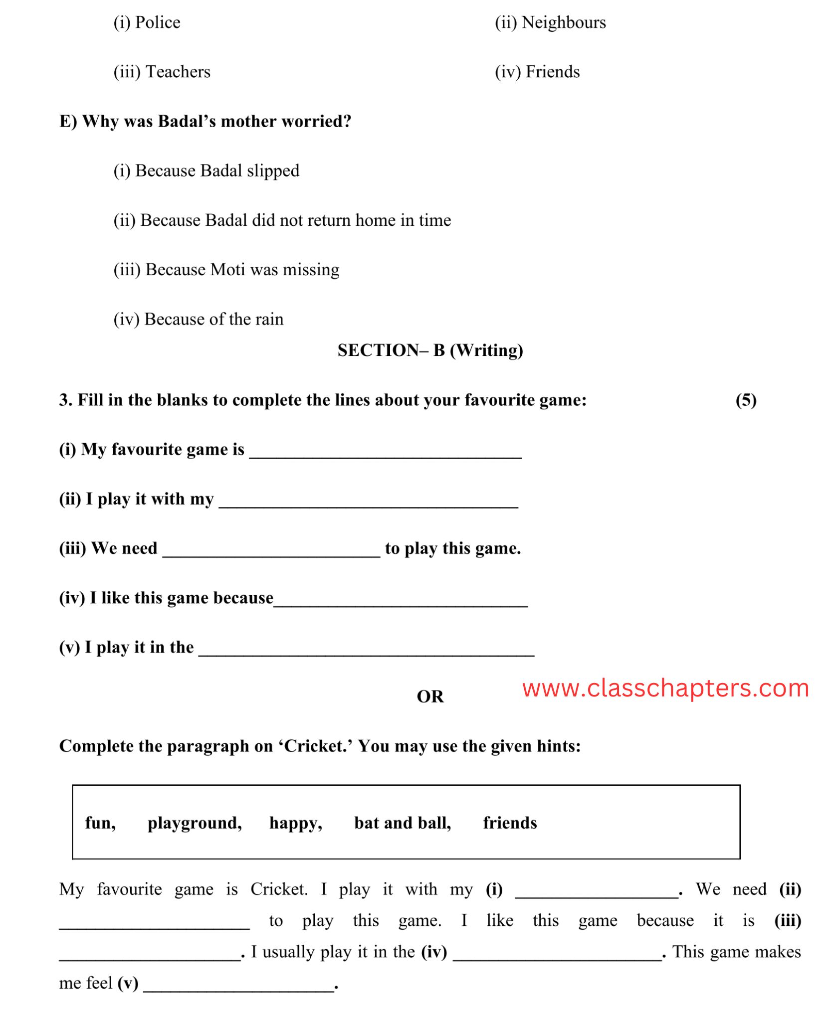 Class 3 English mid term exam
