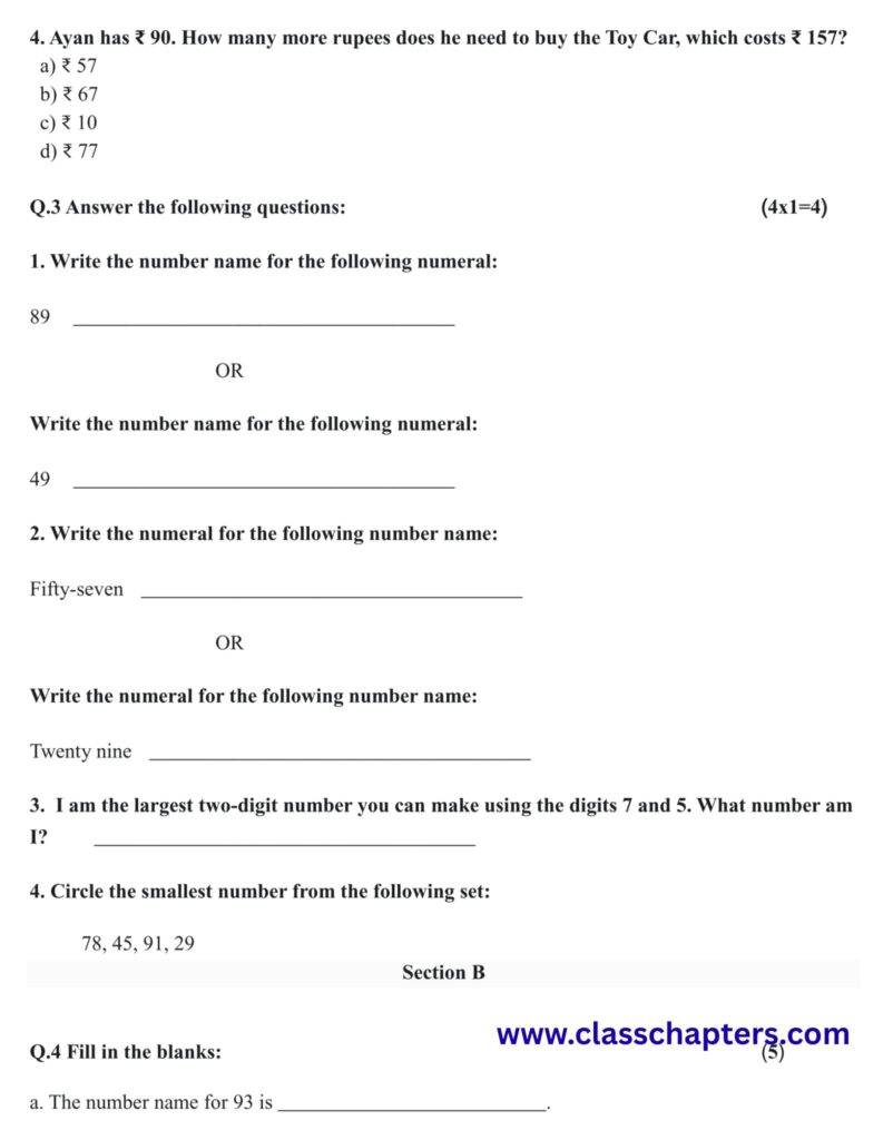 Class 3 Maths Mid Term Exam