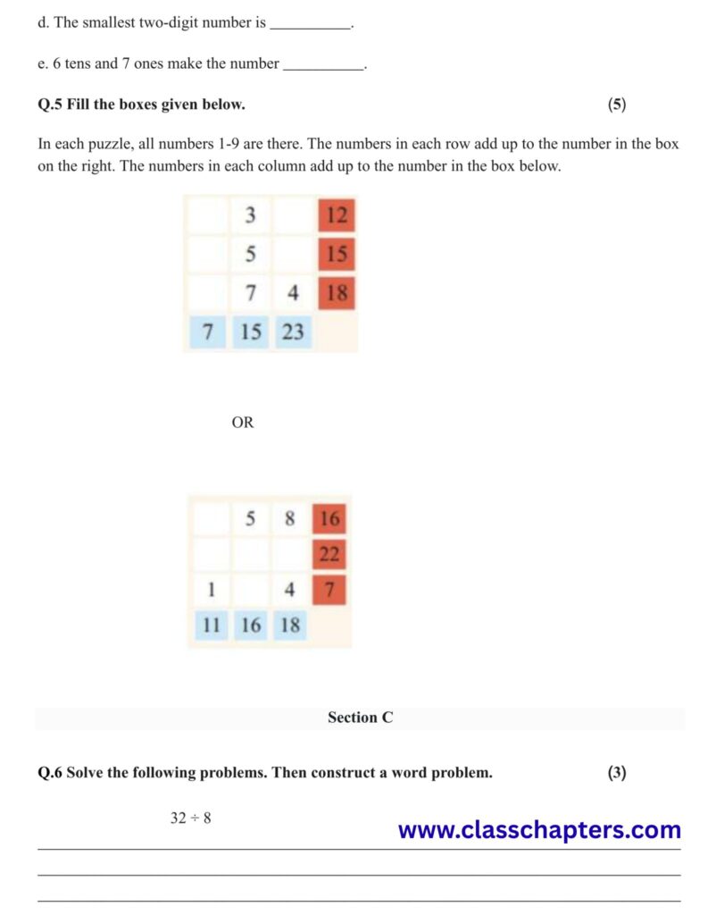 Class 3 Maths Mid Term Exam