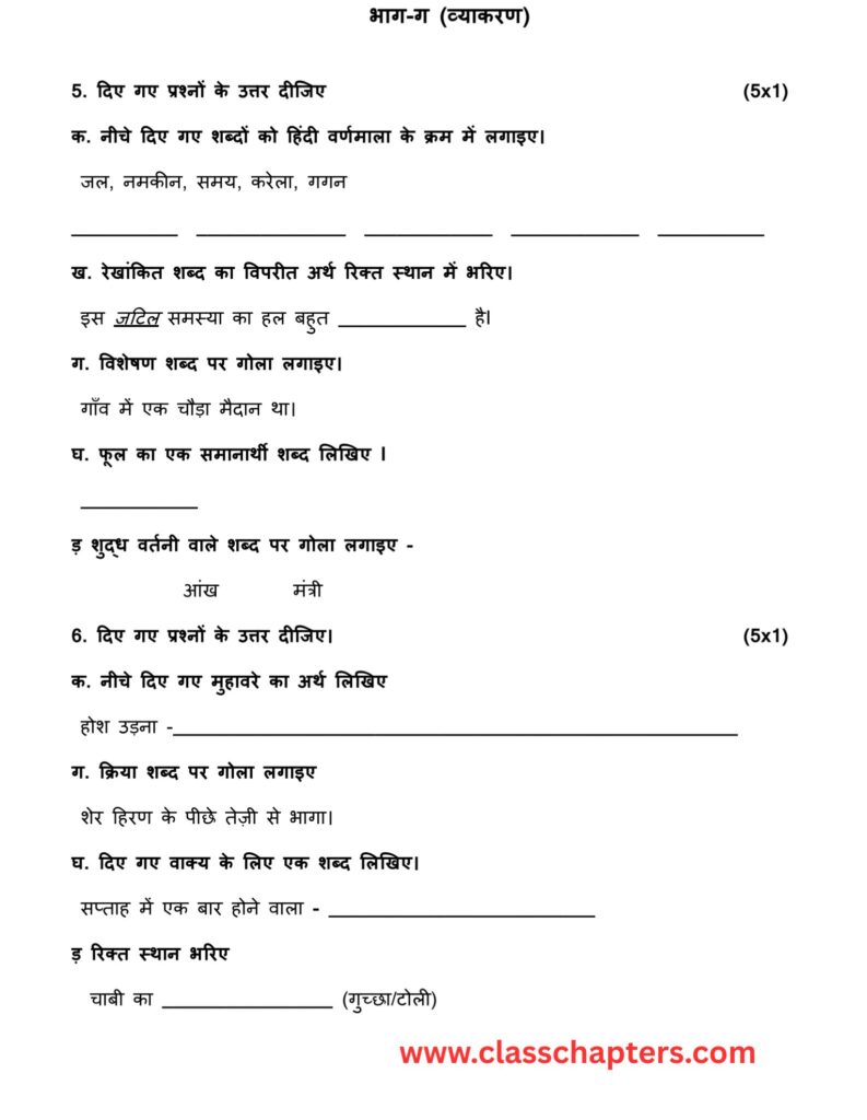 Class 5 Hindi Mid Term Exam