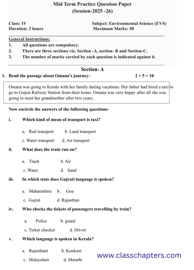 Class 4 EVS Mid Term Exam