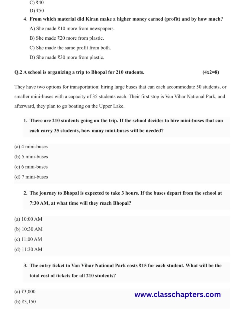 Class 4 Mathematics Mid Term Exam