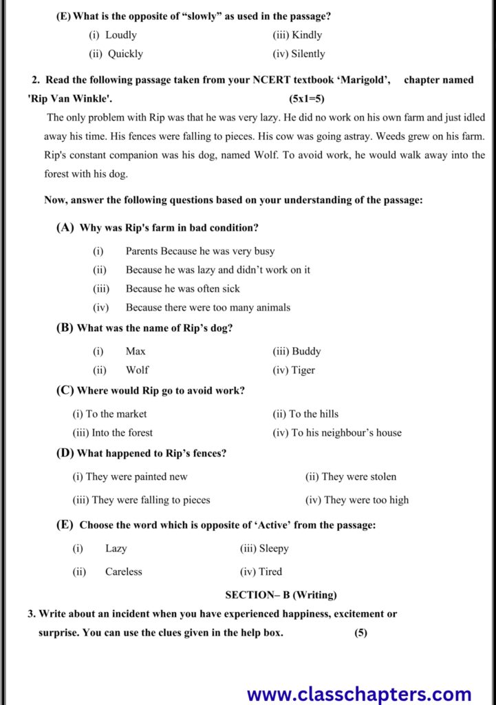 Class 5 English Mid Term Exam
