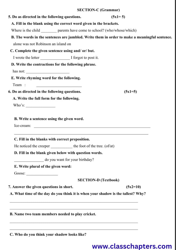 Class 5 English Mid Term Exam